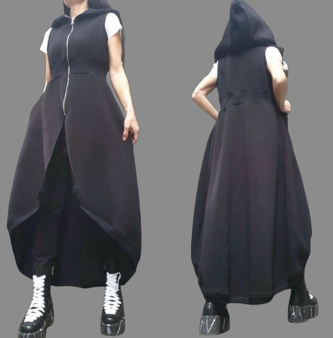 Black Asymmetric Hooded Sleeveless Vest with Zipper Closure