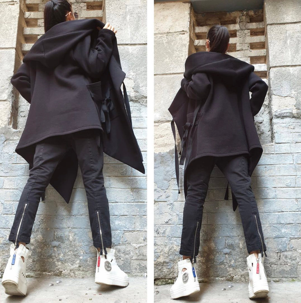 Black Asymmetric Hooded Coat with Front Pockets and Tie Closure