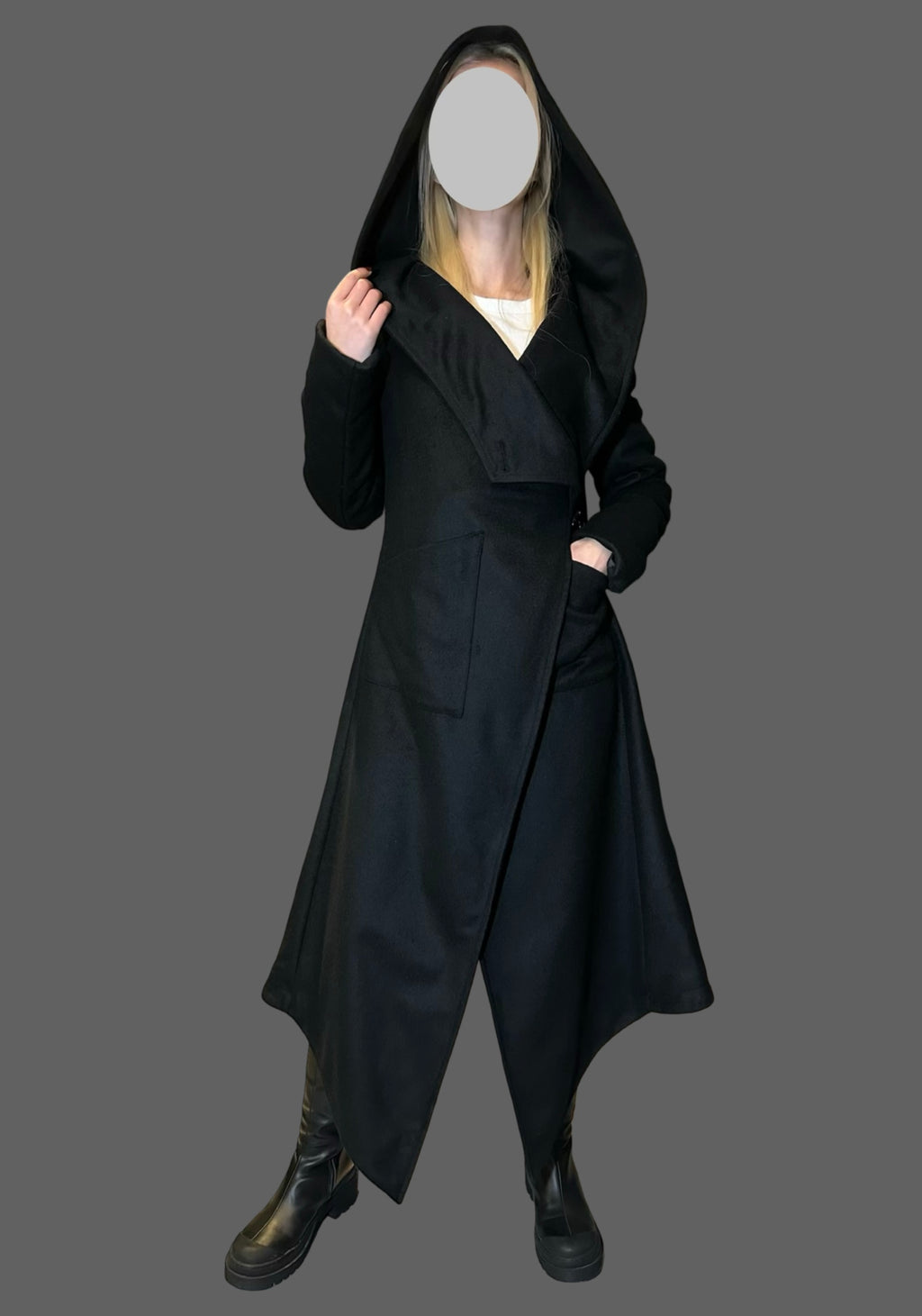 Asymmetric Black Hooded Coat – Avant-Garde Long Fleece Jacket