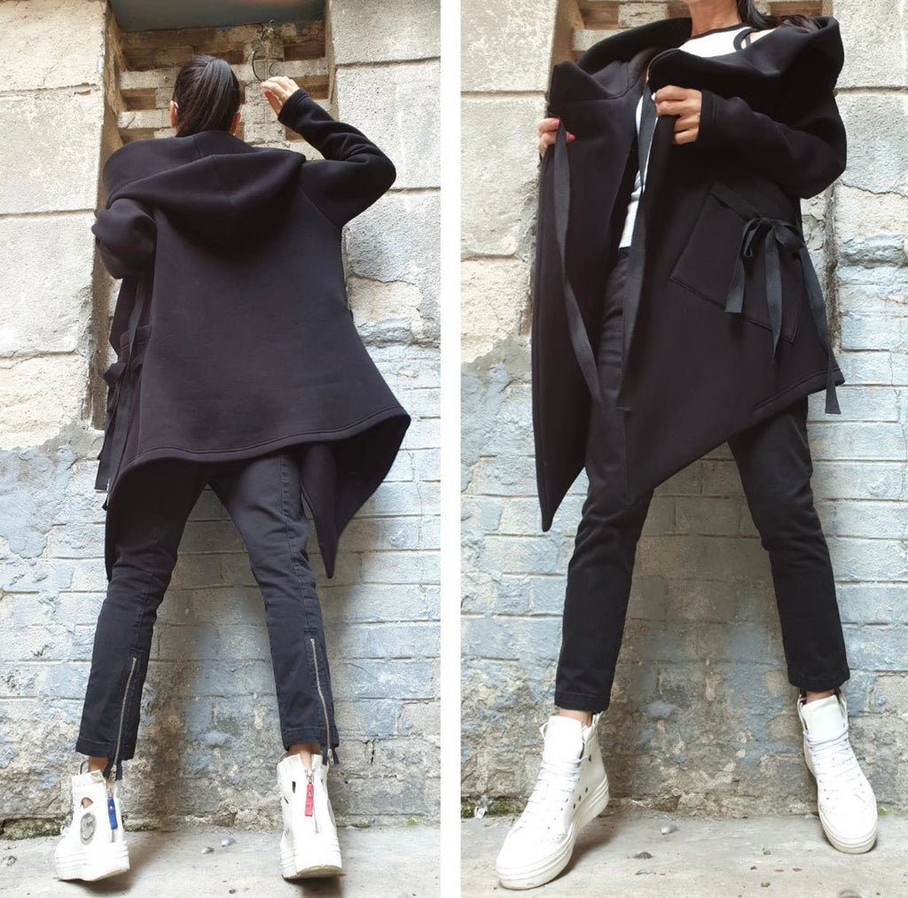 Black Asymmetric Hooded Coat with Front Pockets and Tie Closure