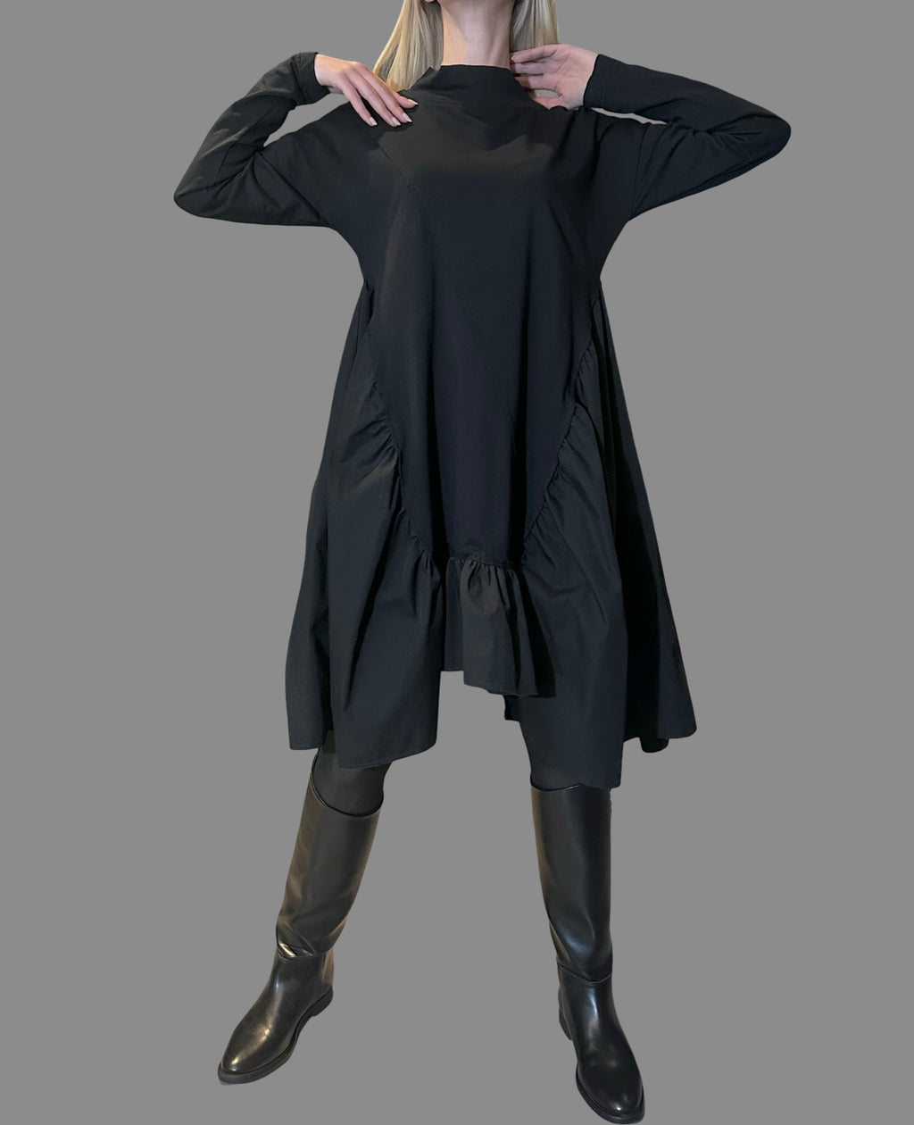 Black Oversized Asymmetric Dress – Avant-Garde Cotton Tunic with Dramatic Volume