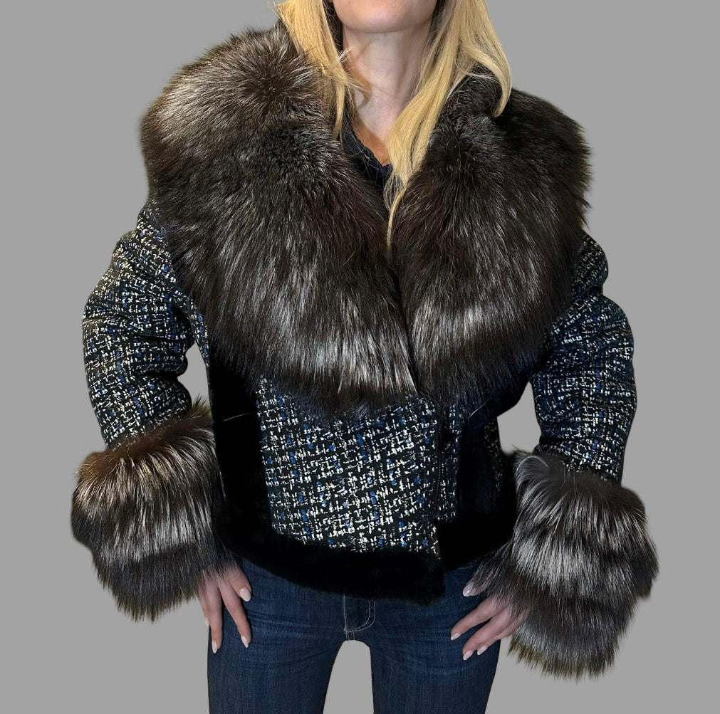Short Lambskin Coat with Fox Fur Collar and Cuffs
