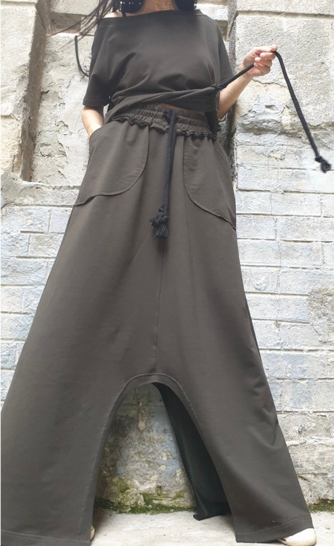 Military Green Asymmetric Two-Piece Set with Short Sleeve Top and High Waist Skirt