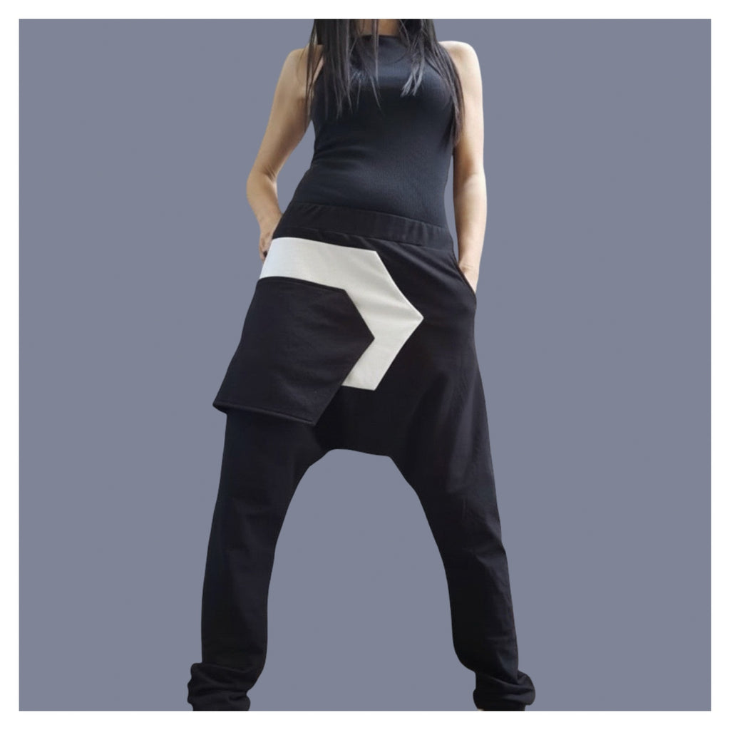 Black Cotton Harem Pants with White Asymmetrical Detail / Drop Crotch Pants