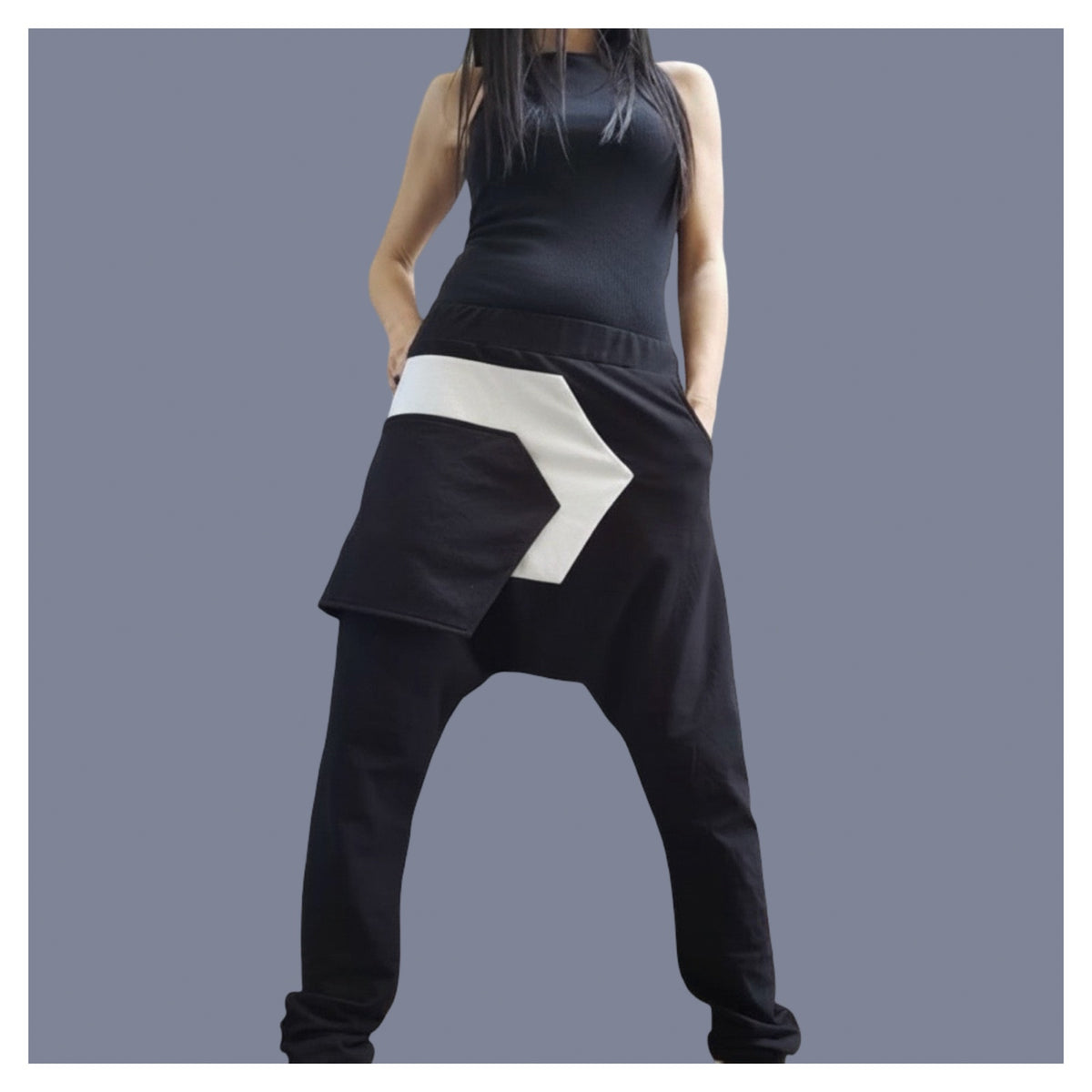 Black Cotton Harem Pants with White Asymmetrical Detail / Drop Crotch Pants