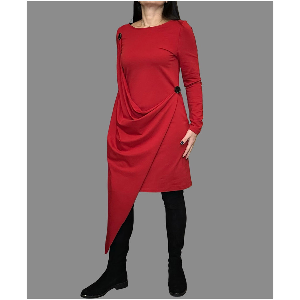 Red Asymmetrical Cotton Dress — Avant-Garde Draped Tunic