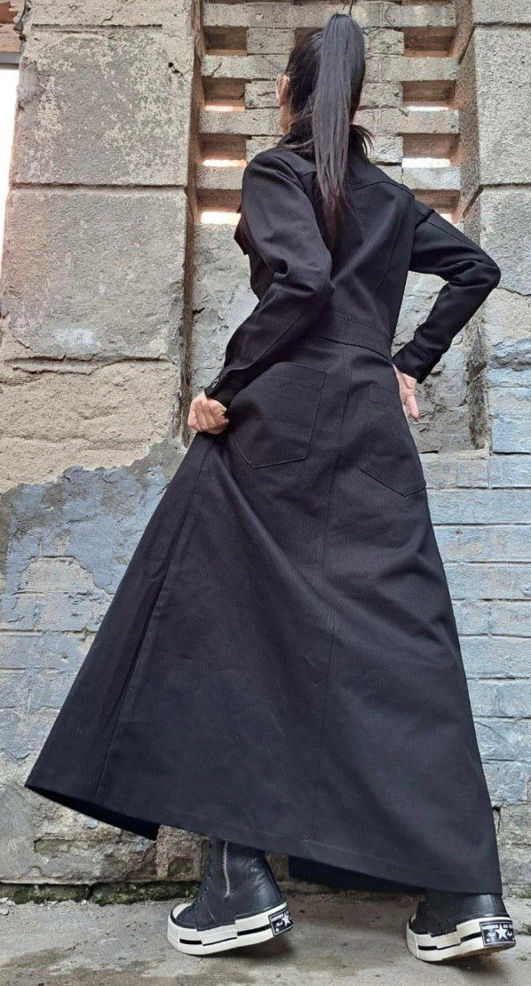 Black Denim Shirt Maxi Dress with Front Buttons and Pockets