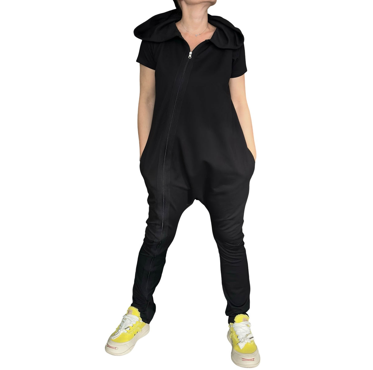 Black Hooded Harem Jumpsuit / Cotton Stretch Zip Front Romper with Pockets