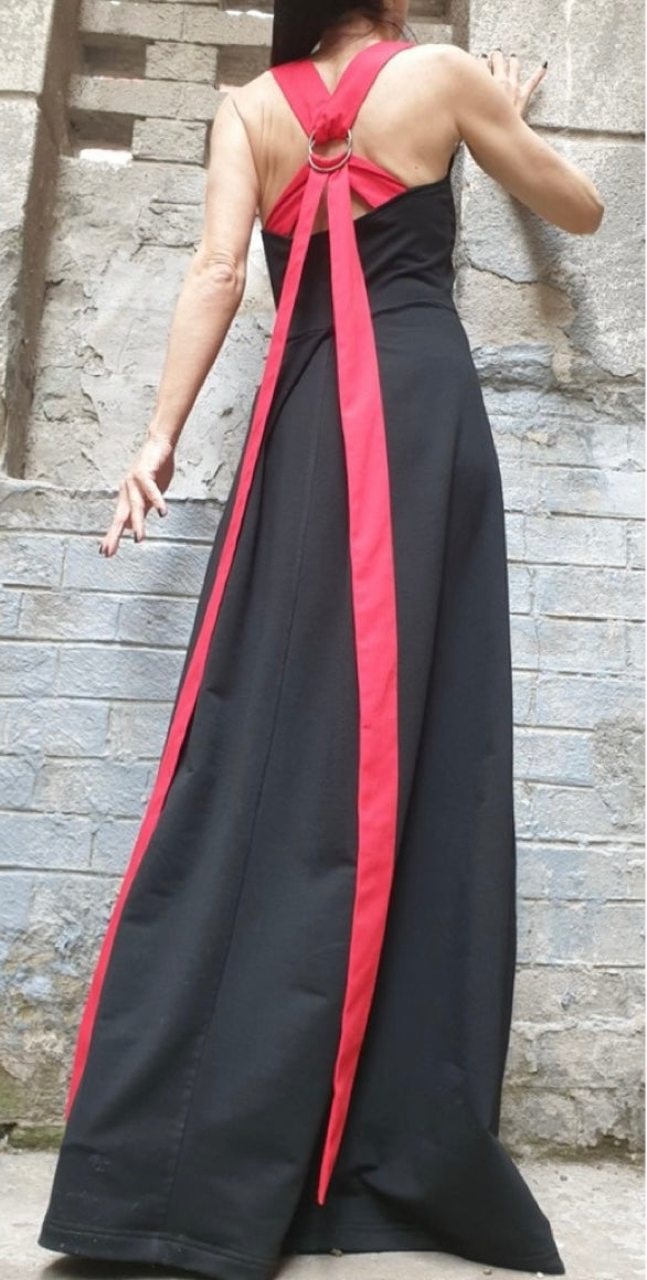 Black Sleeveless Summer Dress with Open Back and Red Asymmetric Straps