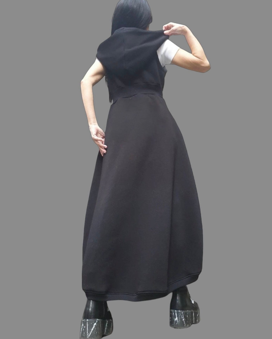 Black Asymmetric Hooded Sleeveless Vest with Zipper Closure