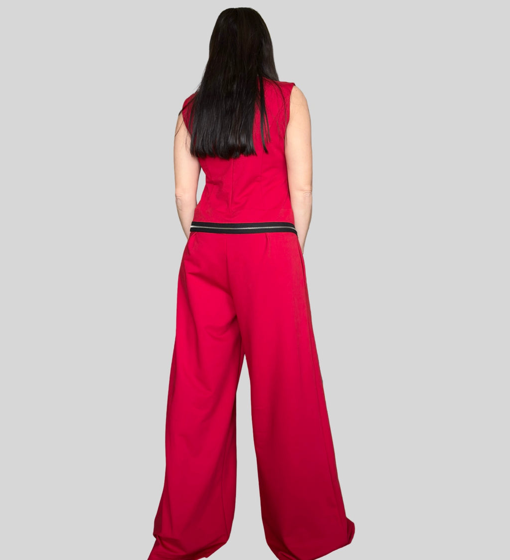 Red Sleeveless Cotton Jumpsuit with Decorative Zippers / Avant-Garde Wide Leg One Piece