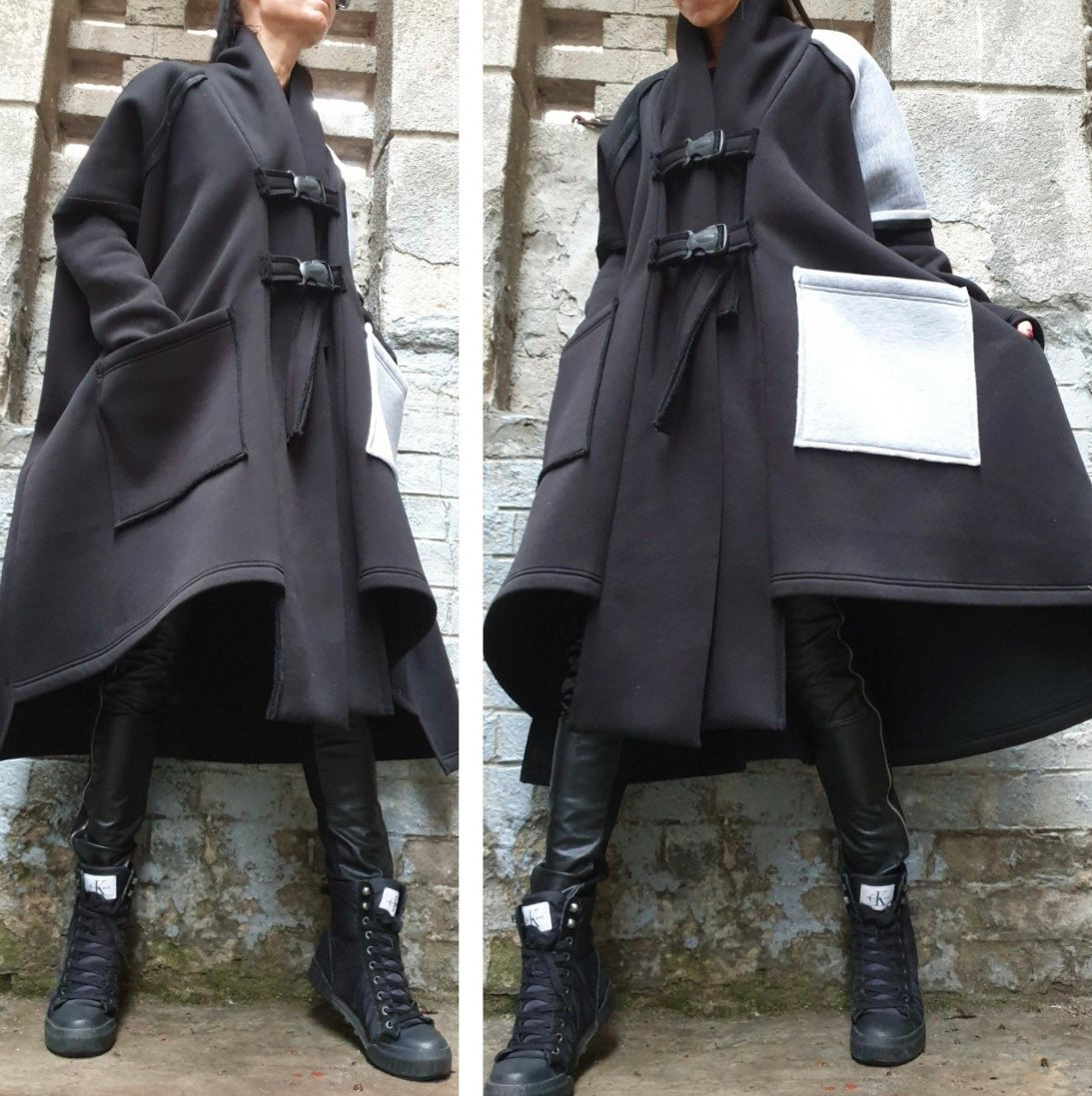 Black and Gray Asymmetric Coat with Oversized Pockets