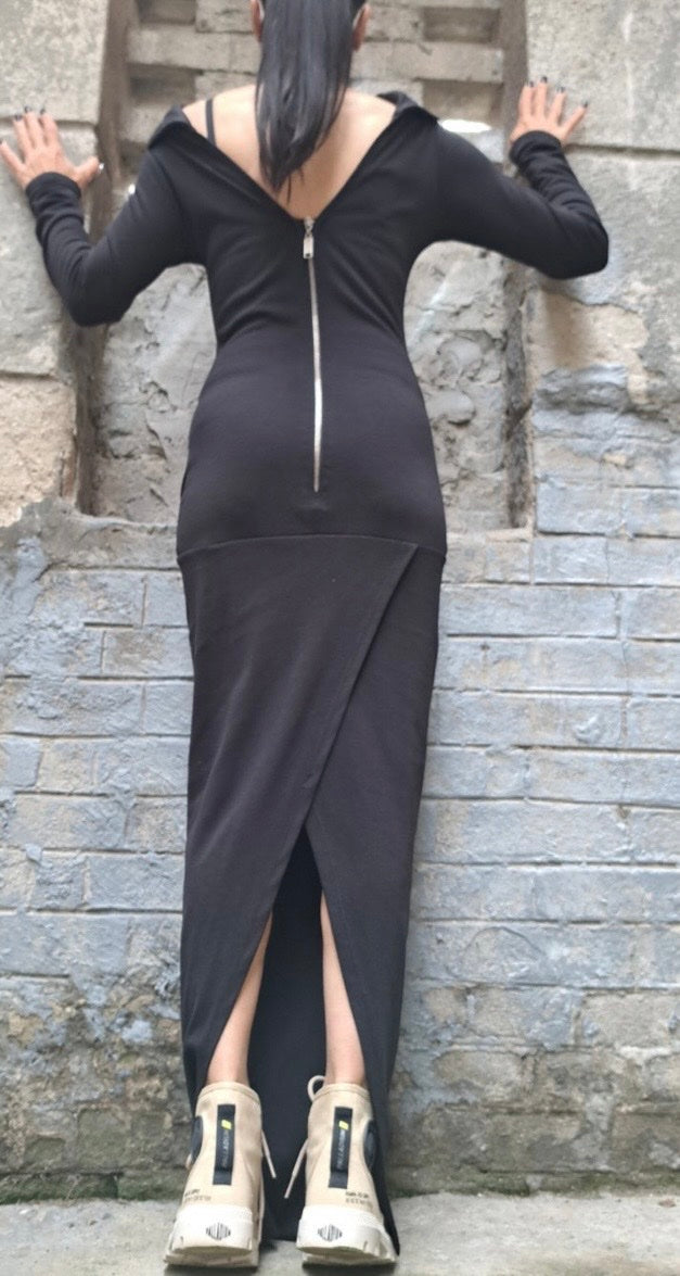 Black Asymmetric Cotton Maxi Dress with Back Zipper and Pockets