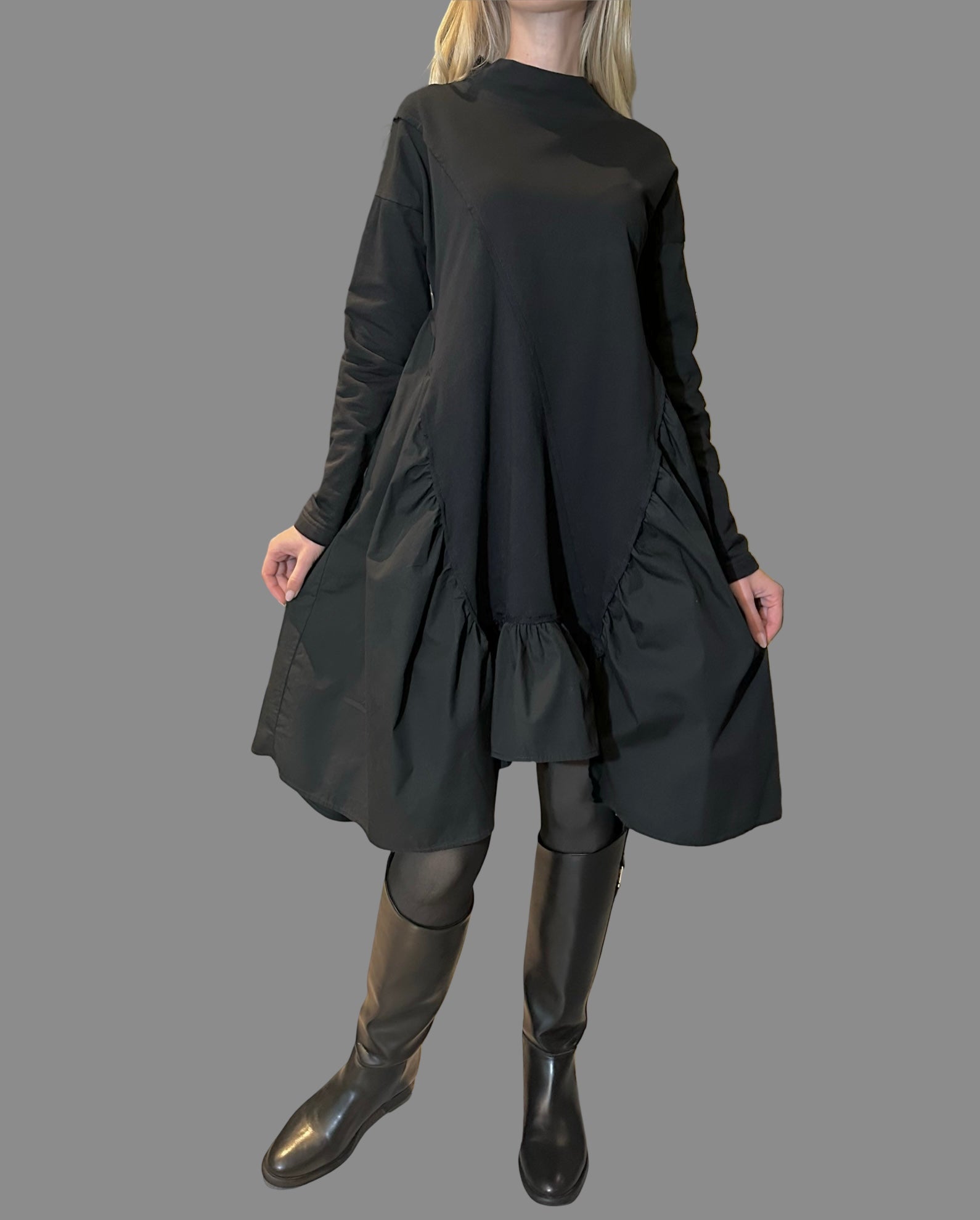 Black Oversized Asymmetric Dress – Avant-Garde Cotton Tunic with Dramatic Volume