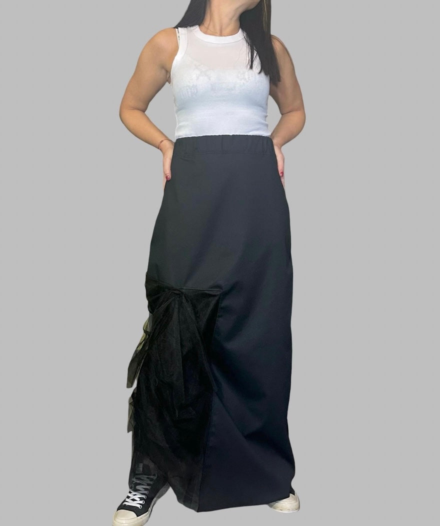 Black High Waist Asymmetric Maxi Skirt with Tulle Detail