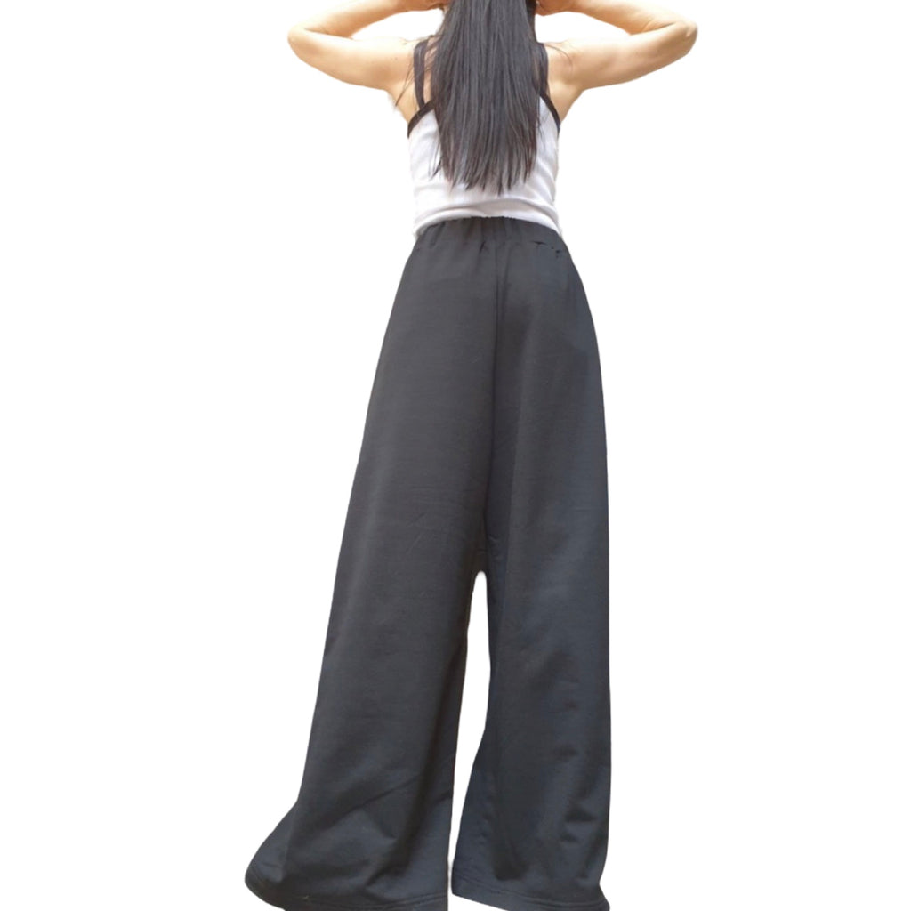 Black Wide Leg Pants / Cotton Stretch Palazzo Pants with Zipper Details