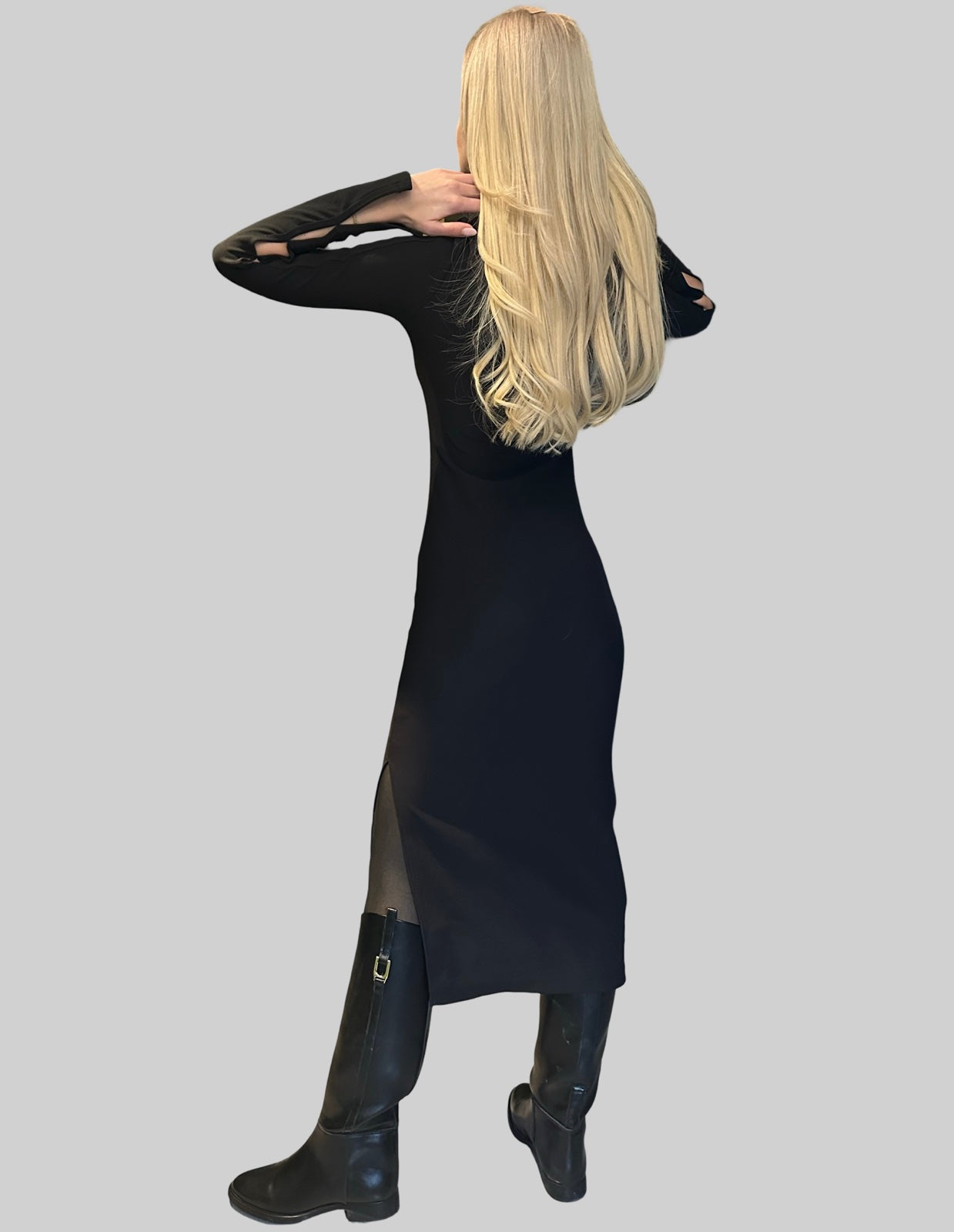 Black Ribbed Cotton Dress — Long Fitted Dress with Slit and Sleeve Details