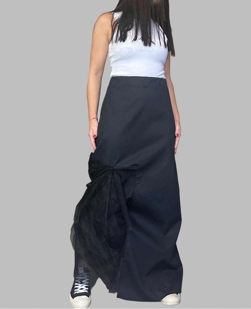 Black High Waist Asymmetric Maxi Skirt with Tulle Detail