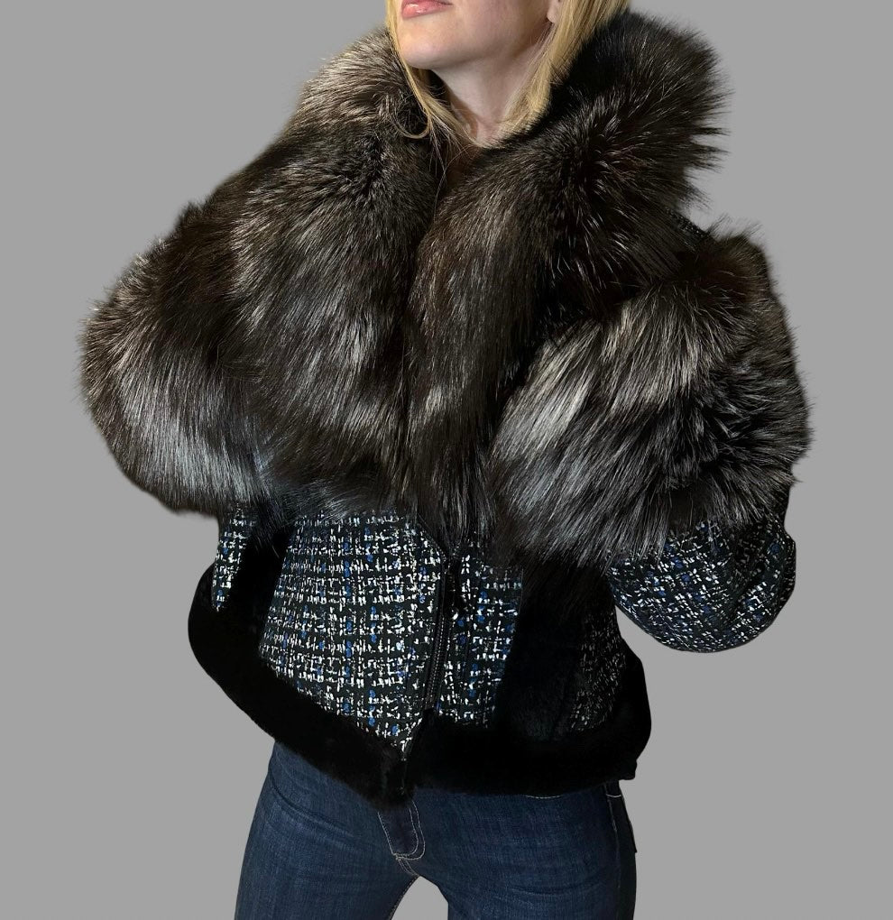 Short Lambskin Coat with Fox Fur Collar and Cuffs