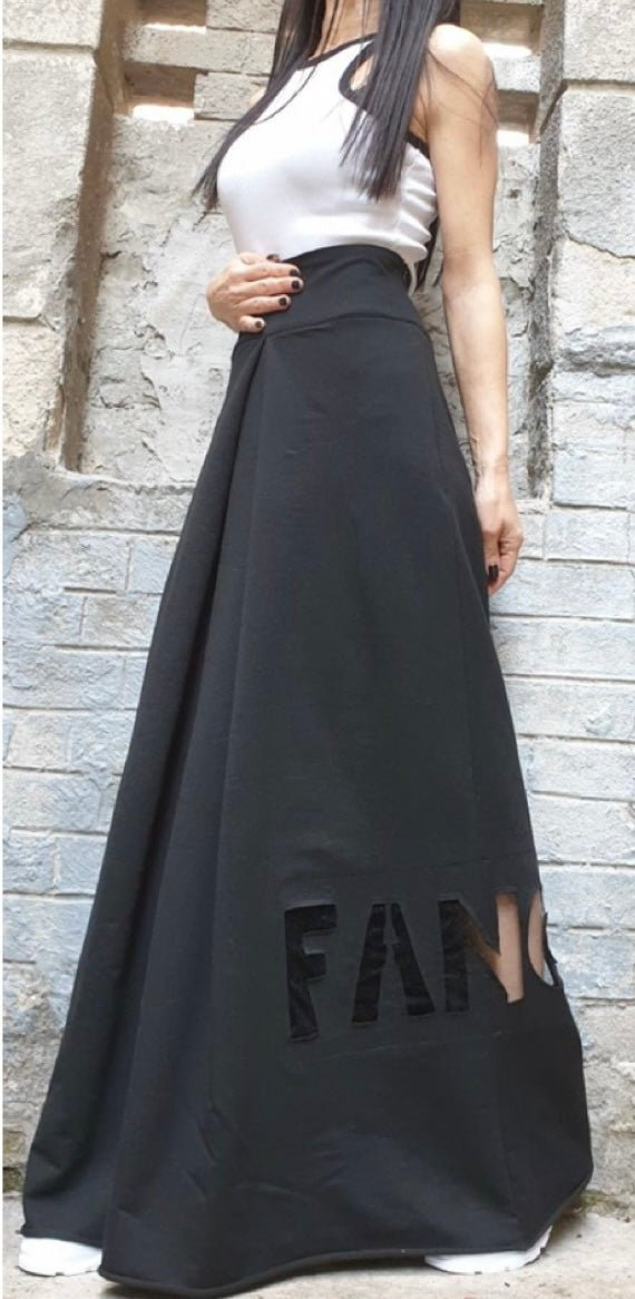 Black High Waist Maxi Skirt with Hand-Cut Fancy Detail