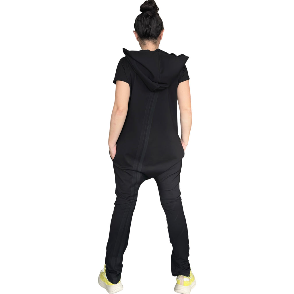 Black Hooded Harem Jumpsuit / Cotton Stretch Zip Front Romper with Pockets