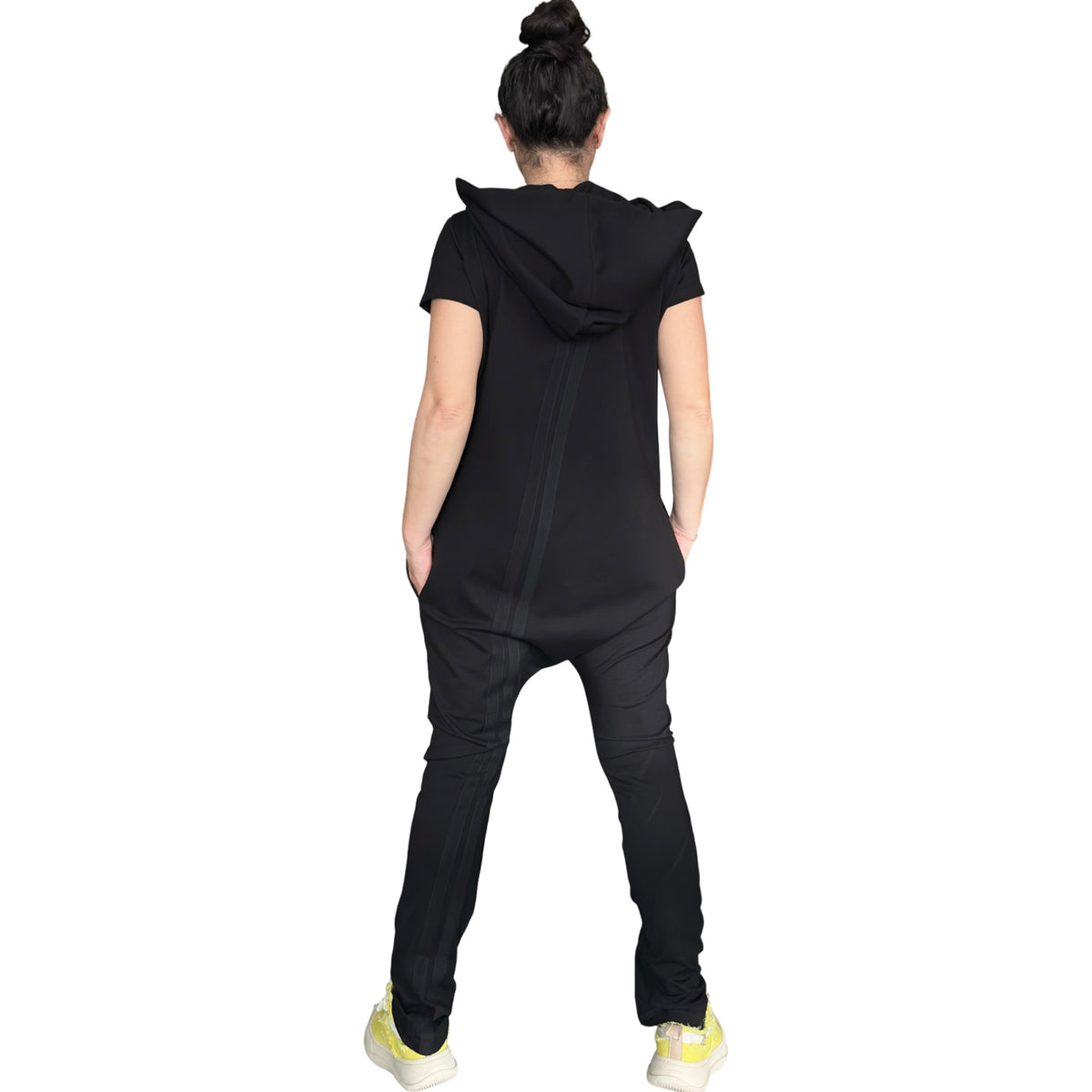 Black Hooded Harem Jumpsuit / Cotton Stretch Zip Front Romper with Pockets