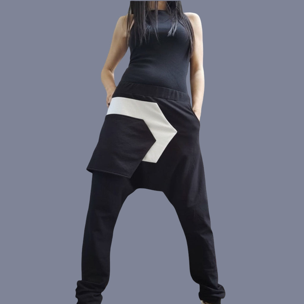 Black Cotton Harem Pants with White Asymmetrical Detail / Drop Crotch Pants