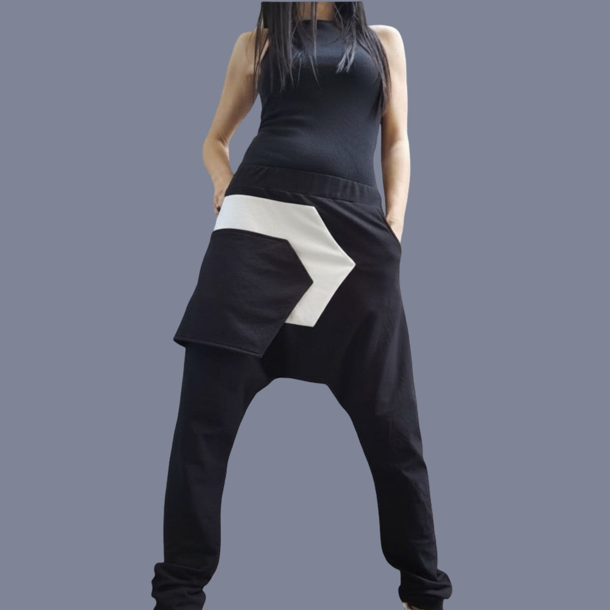 Black Cotton Harem Pants with White Asymmetrical Detail / Drop Crotch Pants