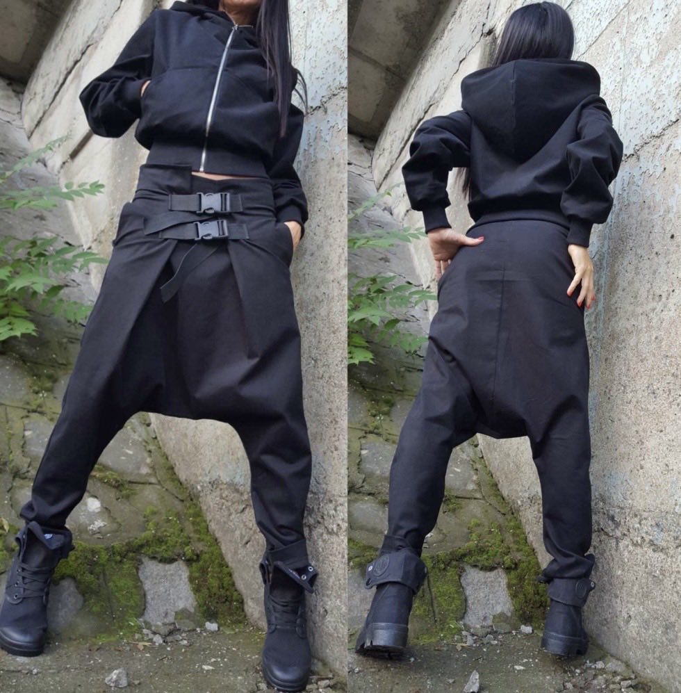 Black Low Waist Harem Pants with Asymmetric Front and Buckle Detail