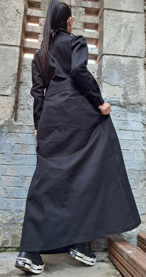 Black Denim Shirt Maxi Dress with Front Buttons and Pockets
