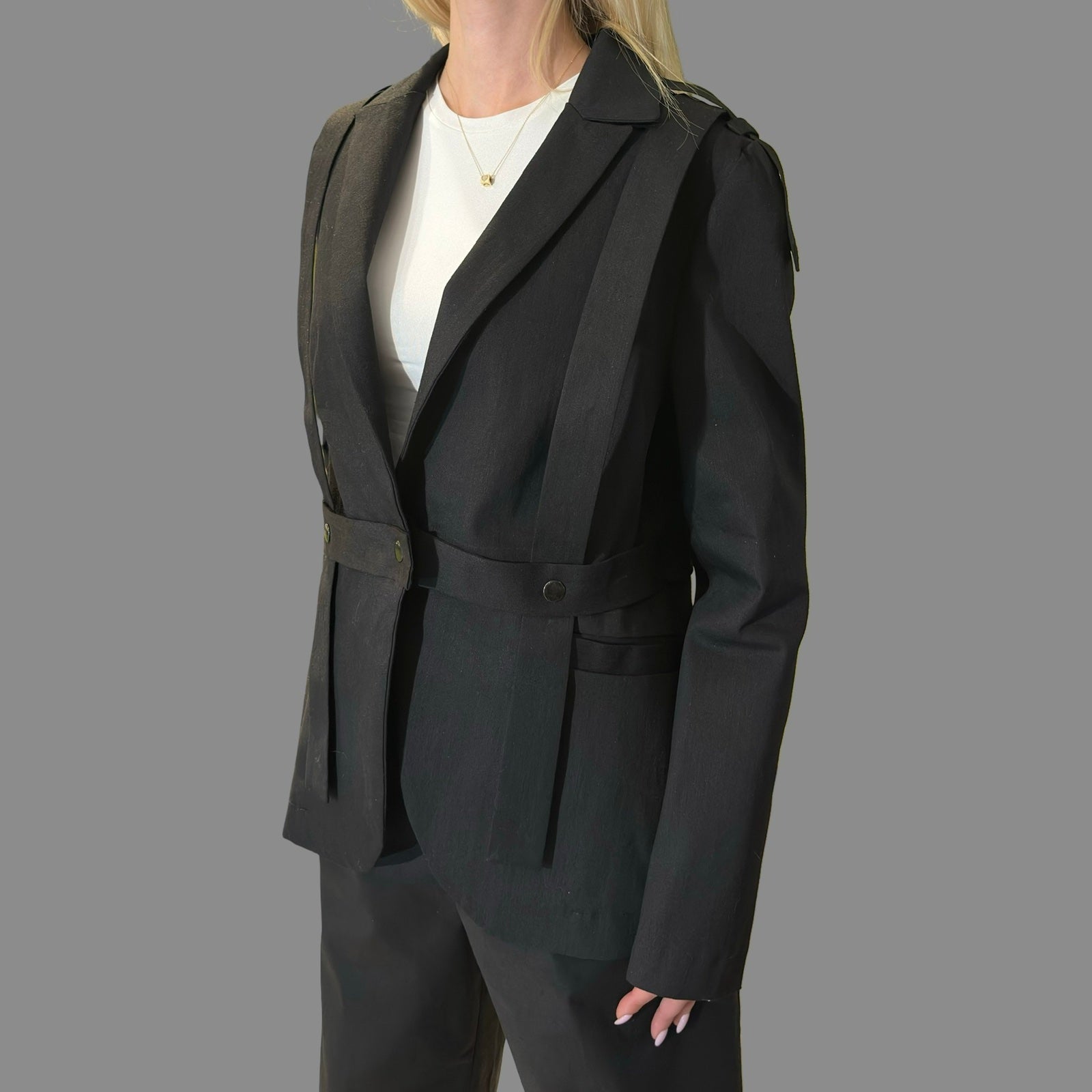 Black Denim Blazer with Front Pockets and Asymmetric Straps