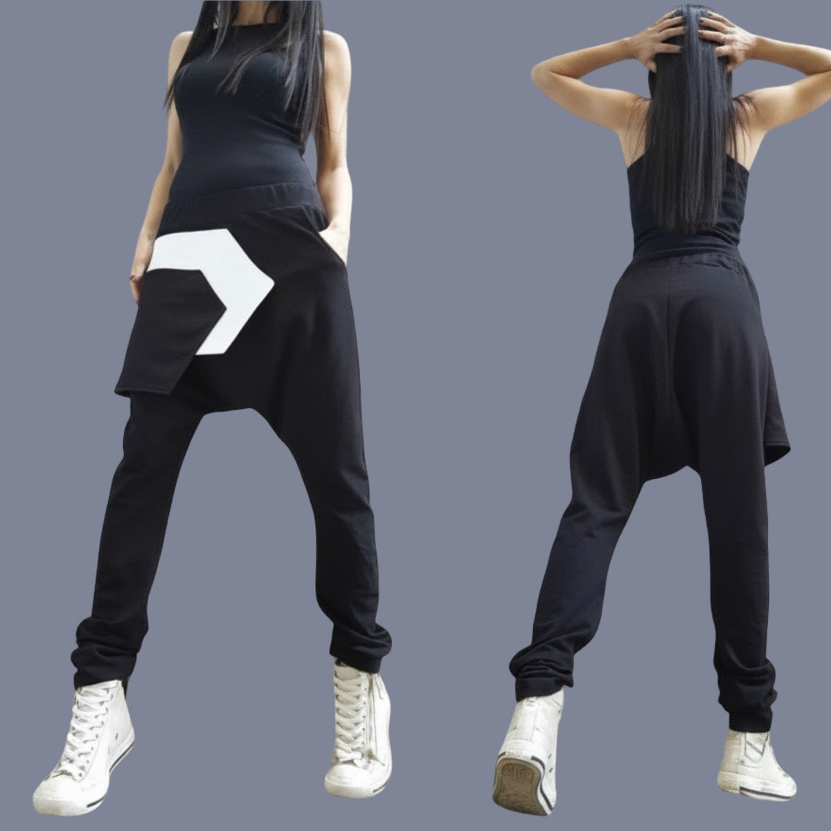 Black Cotton Harem Pants with White Asymmetrical Detail / Drop Crotch Pants