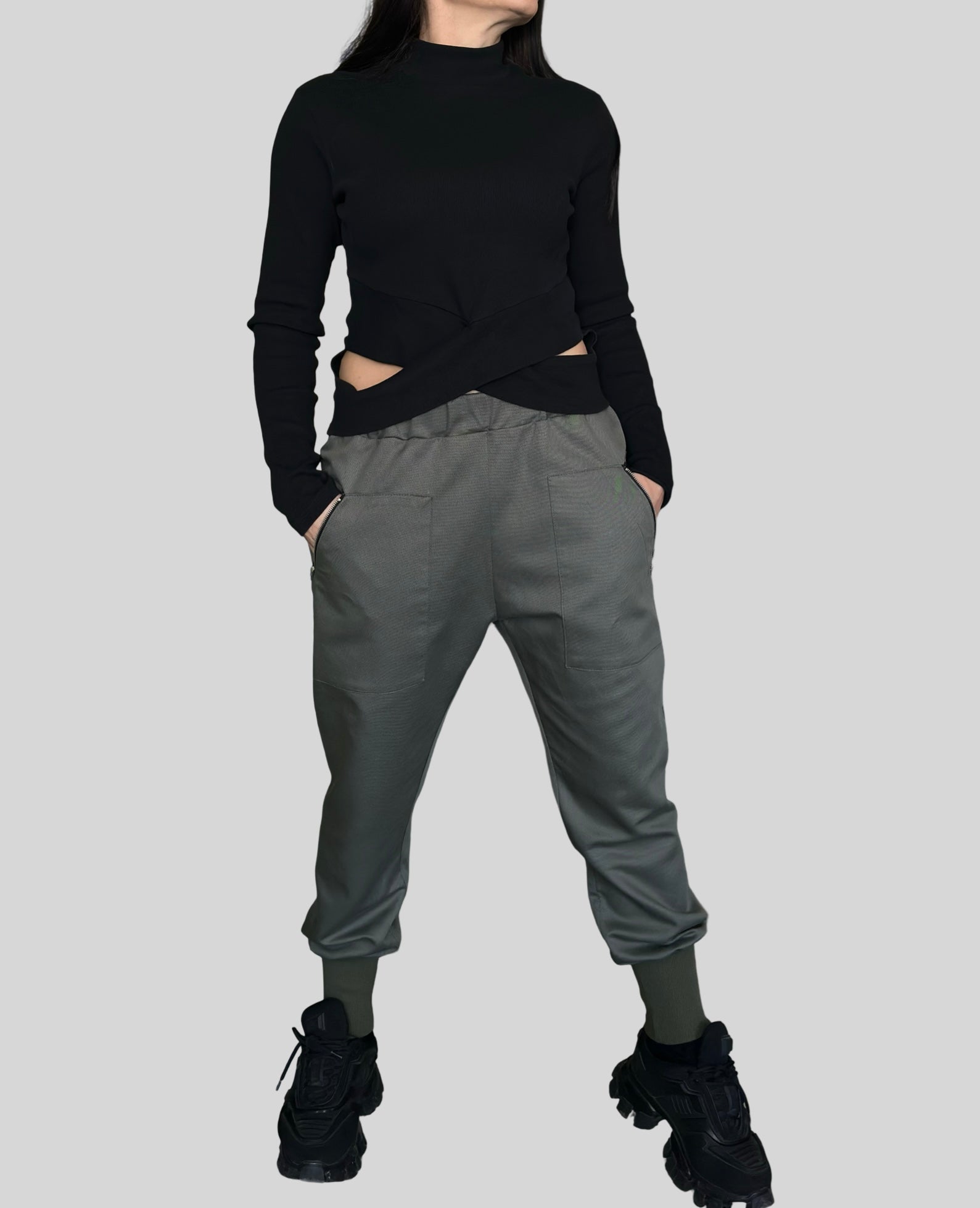 Military Green Jogger Pants with Front Zip Pockets and Back Zipper Detail