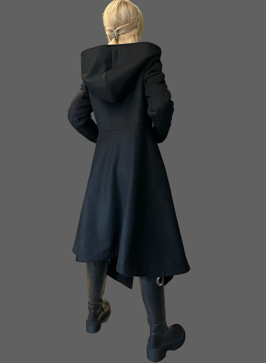 Asymmetric Black Hooded Coat – Avant-Garde Long Fleece Jacket