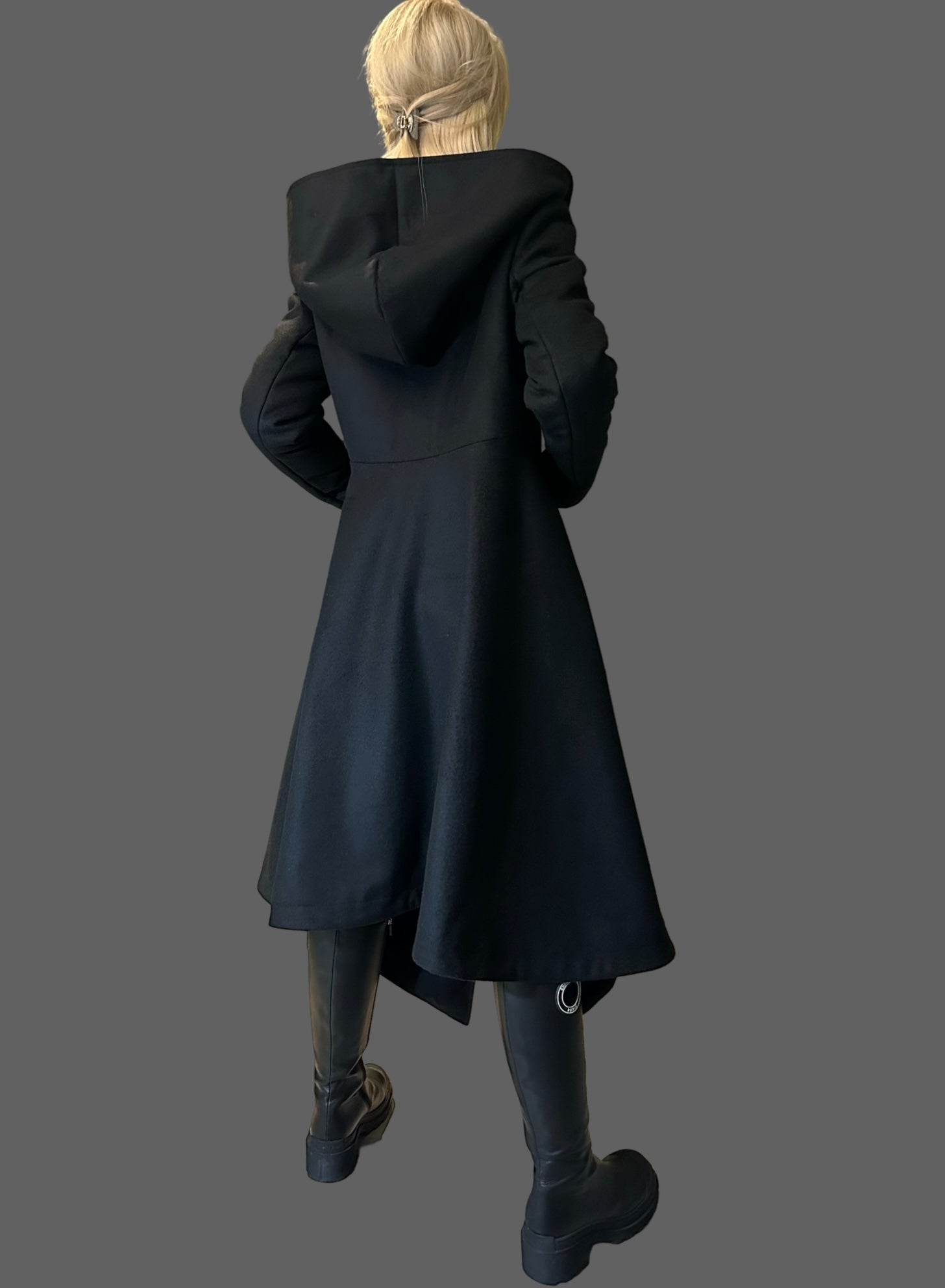 Asymmetric Black Hooded Coat – Avant-Garde Long Fleece Jacket