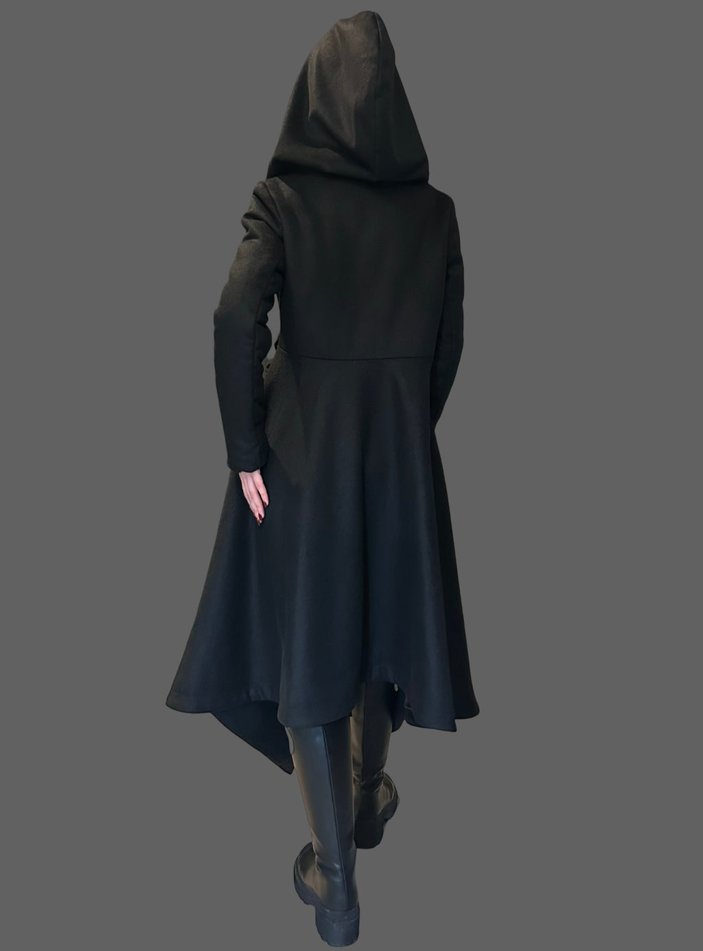 Asymmetric Black Hooded Coat – Avant-Garde Long Fleece Jacket