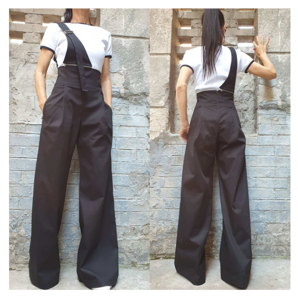 Black High Waist Wide Leg Pants – Asymmetrical Strap Detail, Designer Cotton Trousers with Pockets