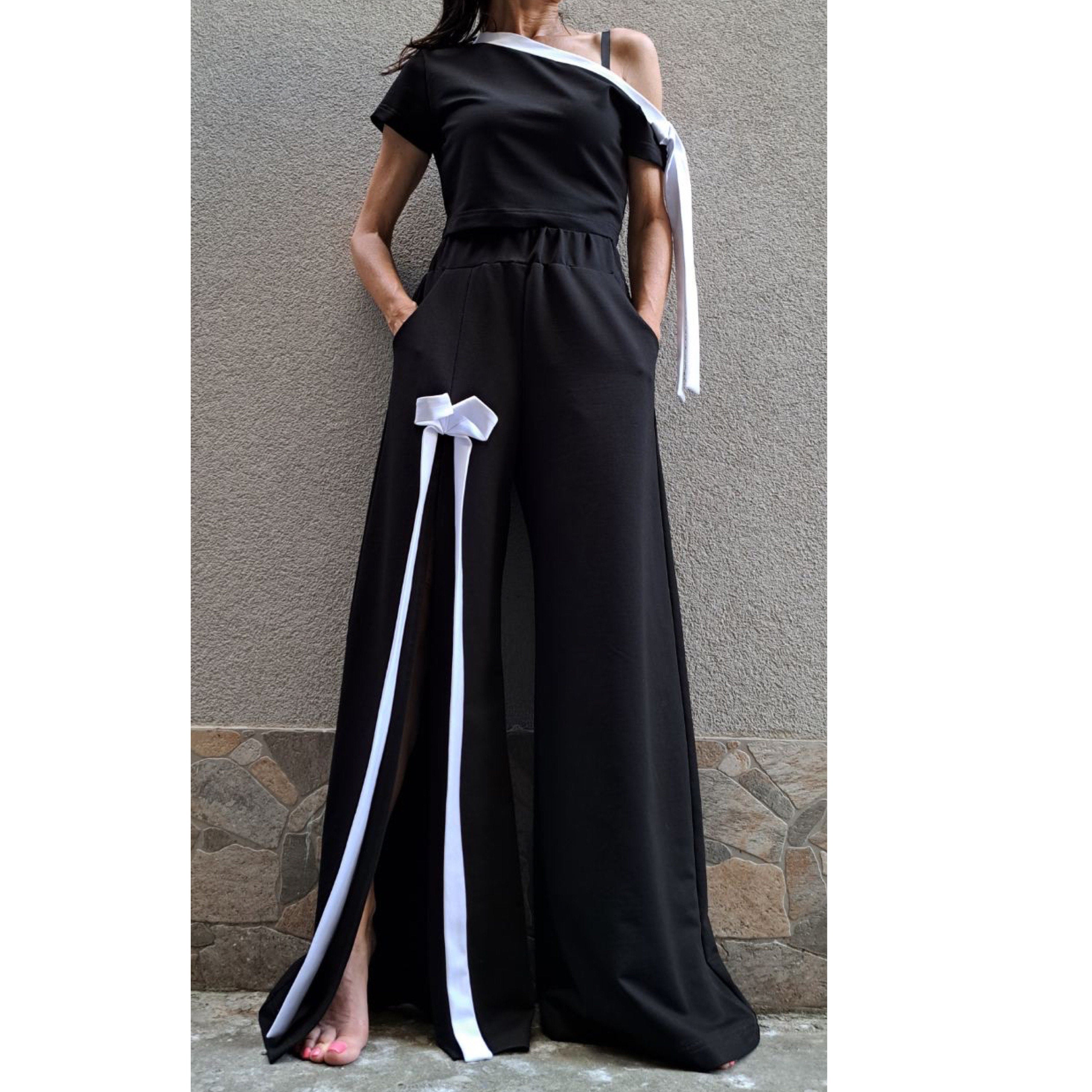 Asymmetric Black Cotton Set with Bow Detail – One Shoulder Top & High Waist Wide Leg Pants