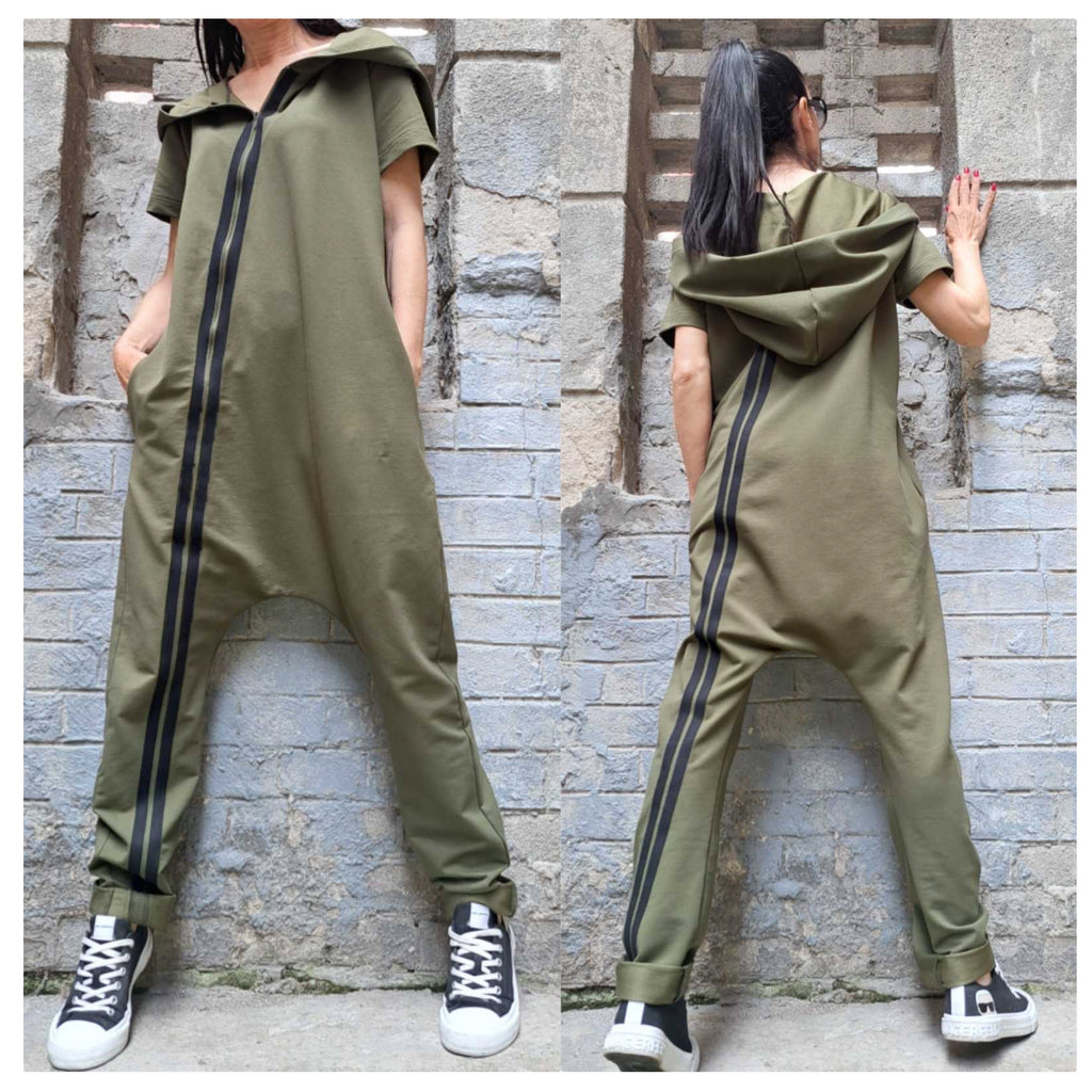 Women’s Hooded Harem Jumpsuit – Short Sleeve Urban Overall with Zipper / Cotton Streetwear Romper / Baggy Drop-Crotch Jumpsuit