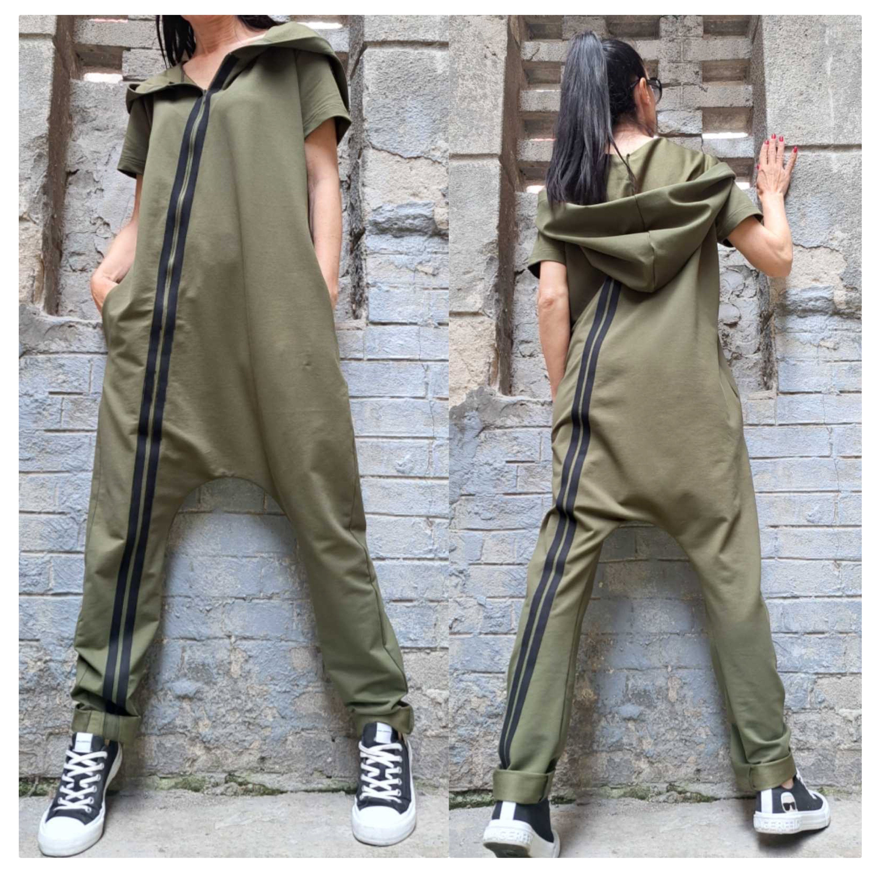 Women’s Hooded Harem Jumpsuit – Short Sleeve Urban Overall with Zipper / Cotton Streetwear Romper / Baggy Drop-Crotch Jumpsuit