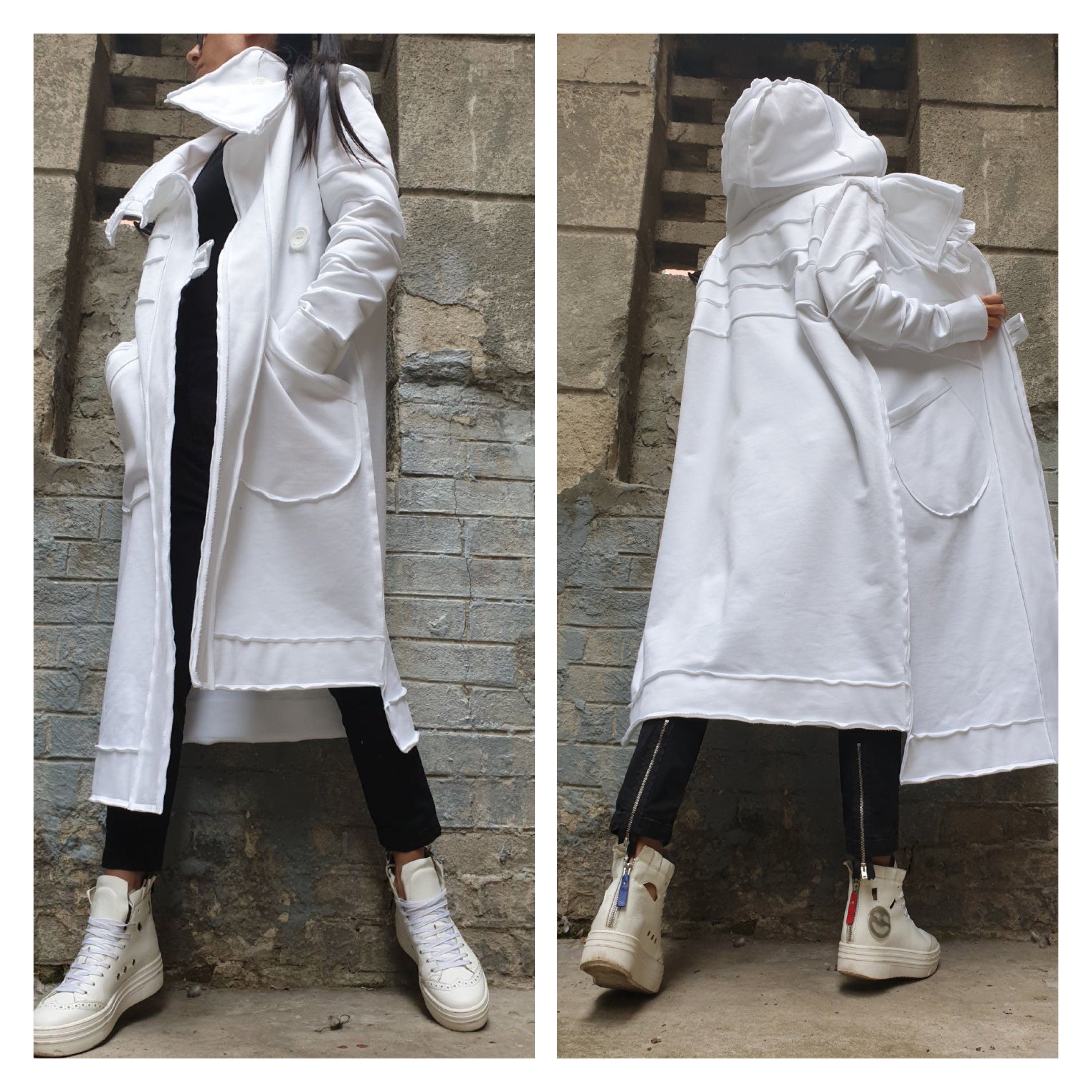 Women’s Long White Asymmetric Vest Coat with Hood – Heavyweight Sweatshirt Fabric