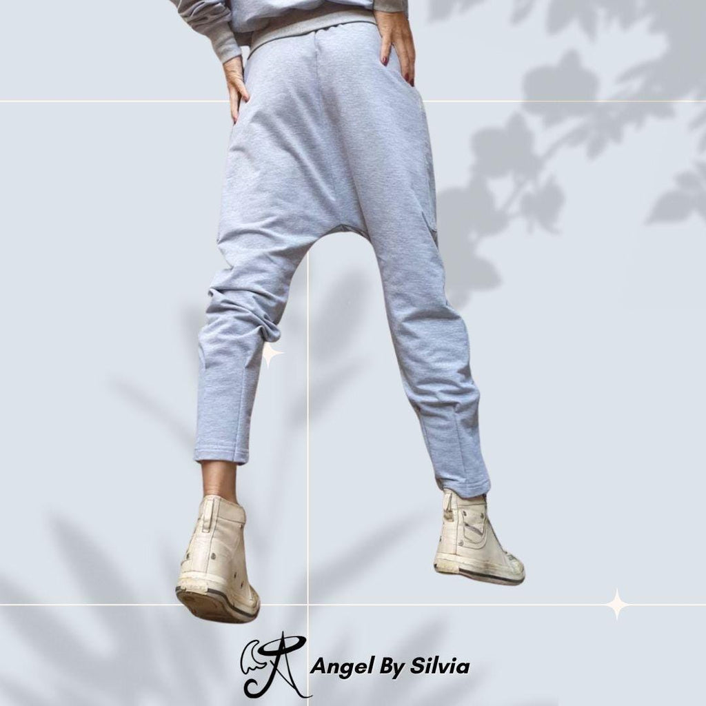 Sporty Grey Harem Pants – Women’s Cotton Jogger with Drop-Crotch & Elastic Waist