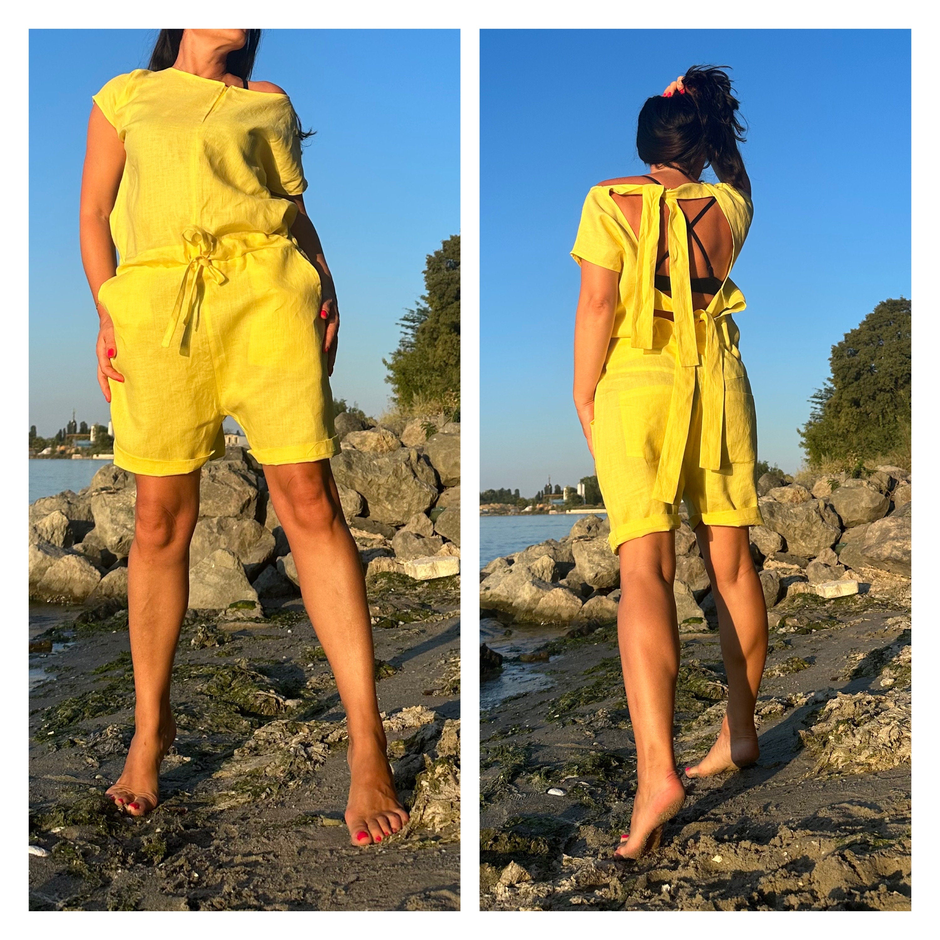 Yellow Linen Overalls / Sleeveless Open Back Summer Jumpsuit