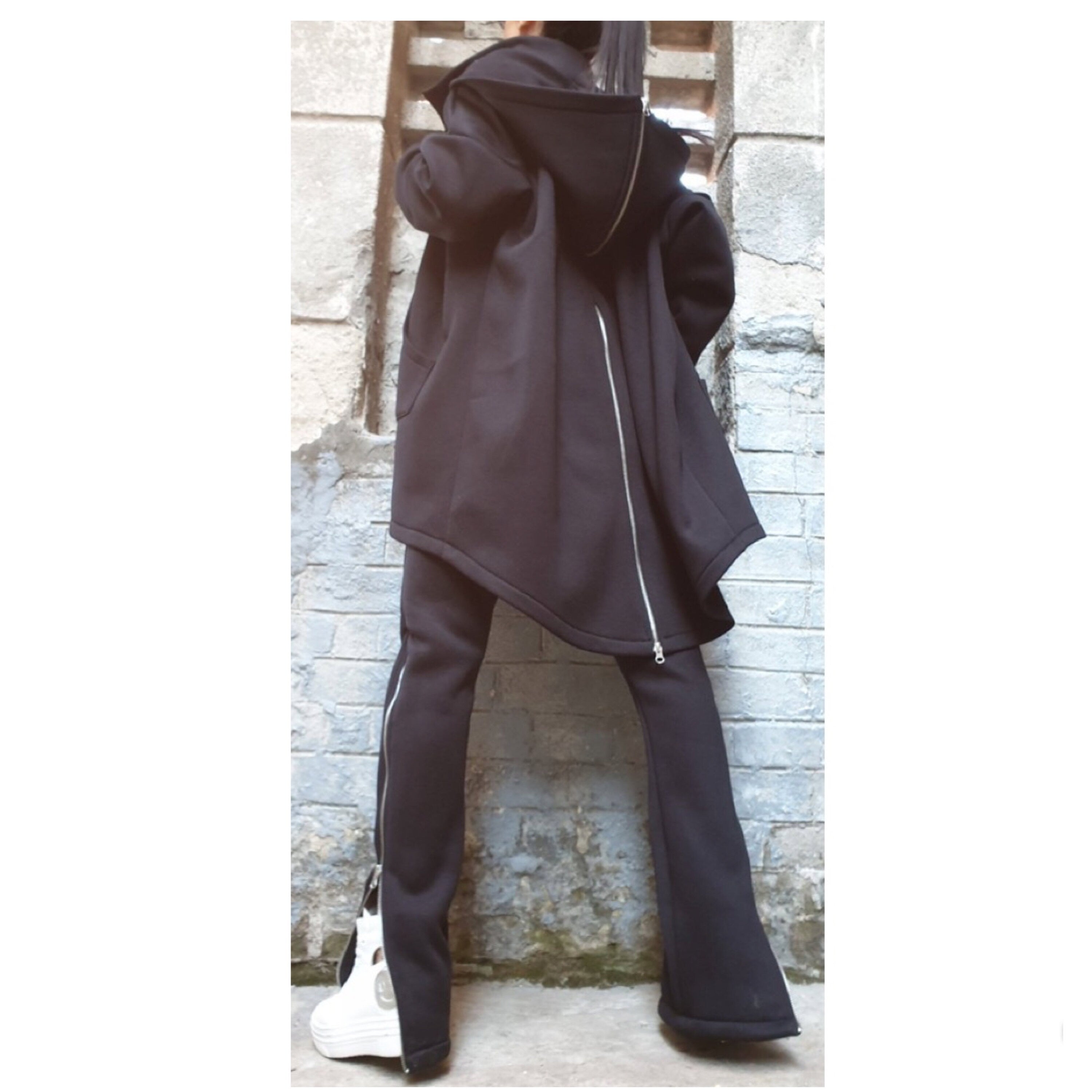 Asymmetric Black Cotton MIDI Coat with Hood – Warm Three-Thread Fleece / Double Zippers / Avant-Garde Jacket