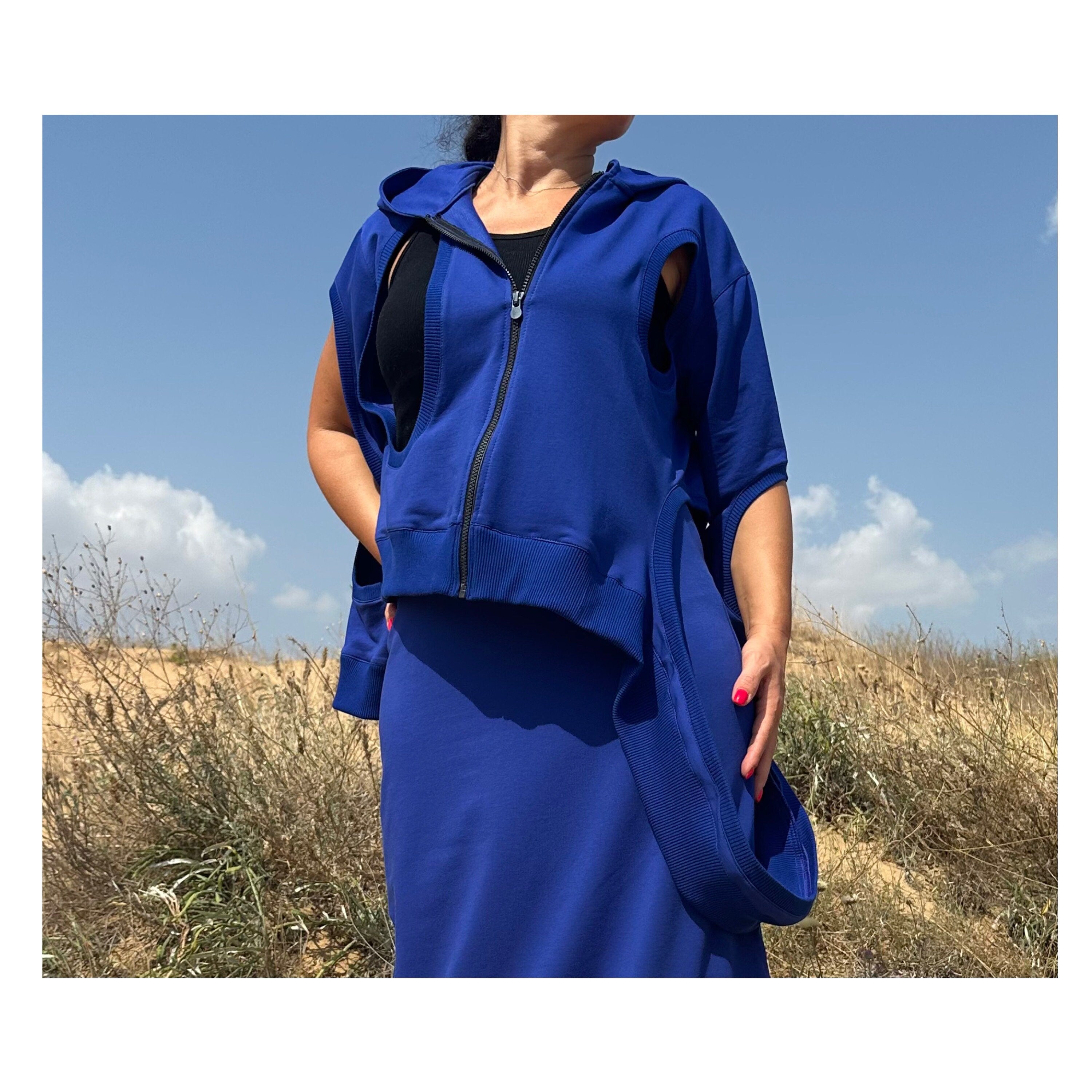 Asymmetric Blue Hoodie with Zipper and Cut-Out Sleeves – Summer & Spring Streetwear