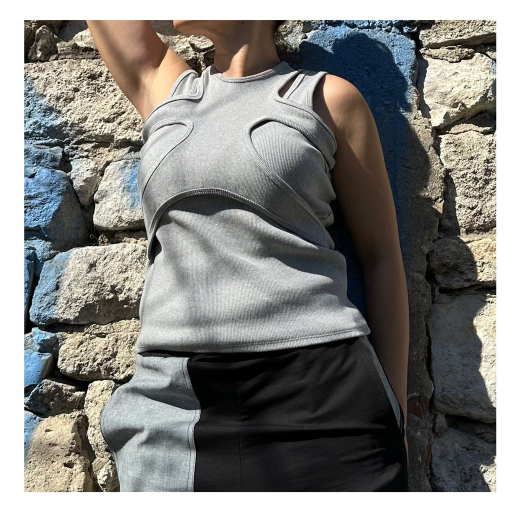 Grey Asymmetric Cotton Tank Top: Extravagant Sleeveless Blouse