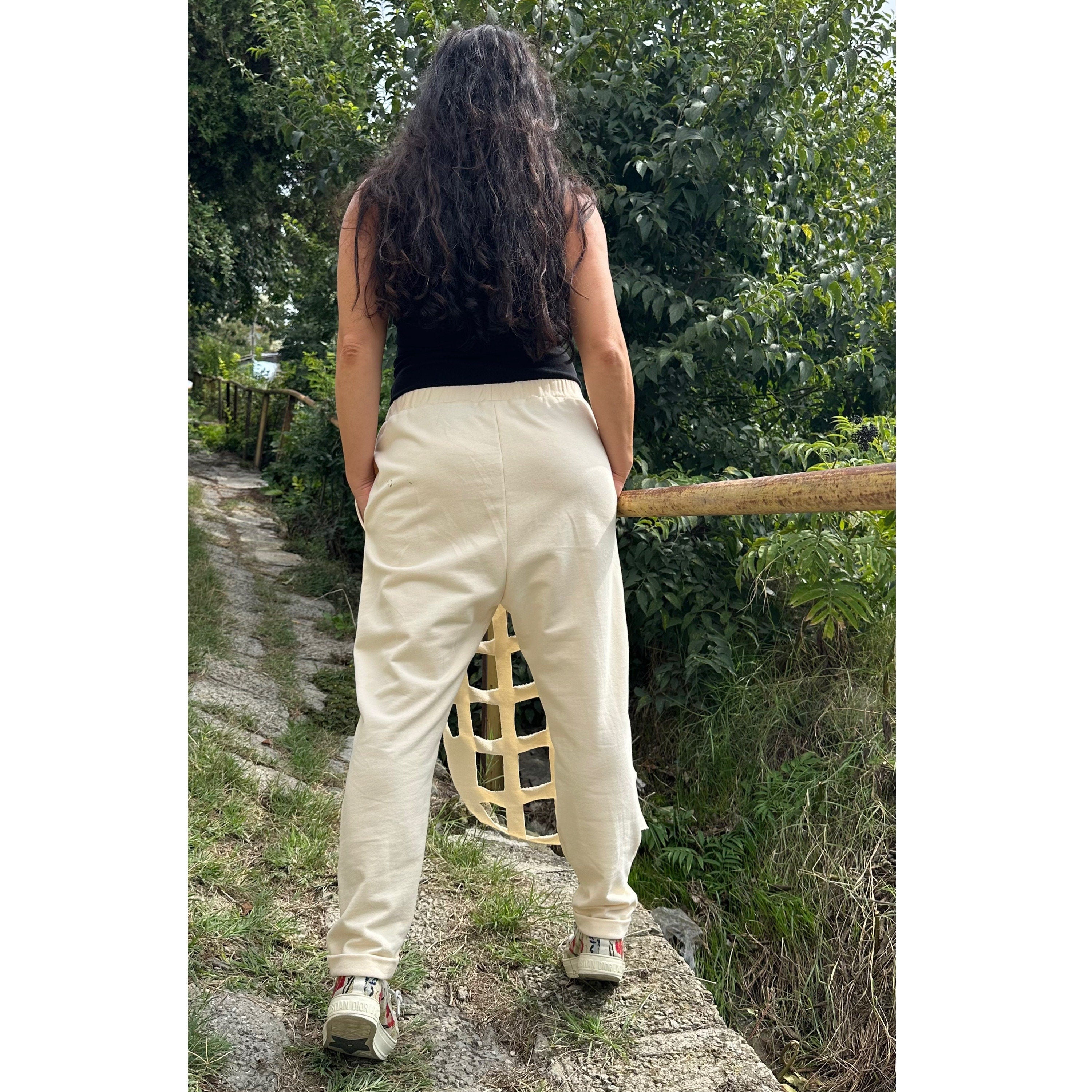 Hand-Cut Cotton Sweatpants – Artistic Grid Design with Elastic Waist and Pockets