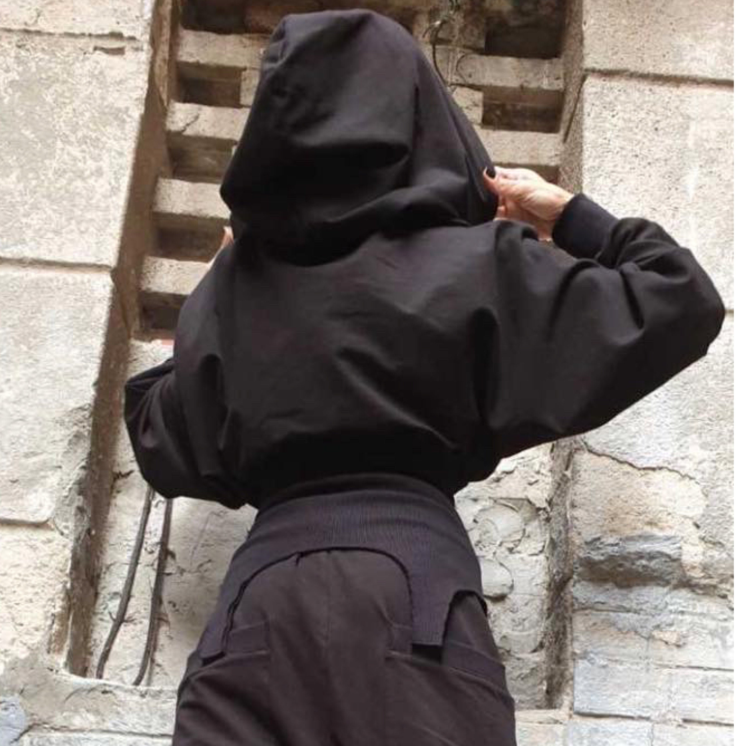 Asymmetric Hooded Blouse – Black Cotton Stretch Top with Ribbed Waist / Avant-Garde Long Sleeve Hoodie / Women’s Urban Fashion