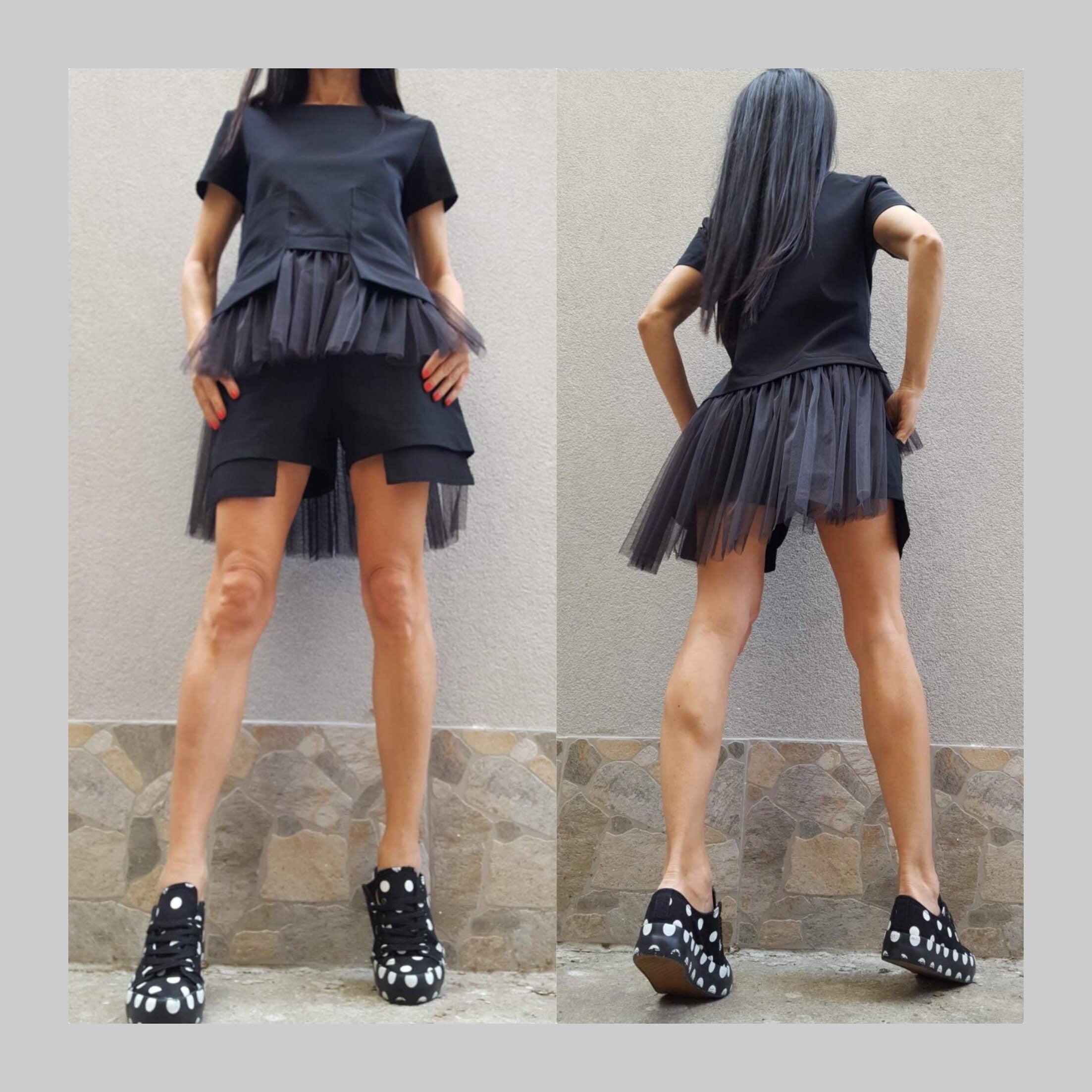 Asymmetric Black Cotton Blouse with Tulle Detail – Avant-Garde Short Sleeve Top