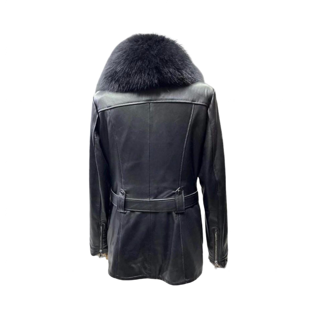 Women’s Genuine Lambskin Leather Jacket with Detachable Fox Fur Collar – Fall / Spring Coat